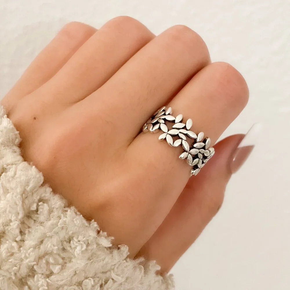 925 Sterling Silver Flower Ring Geometric Ring Leaf Ring Silver Chunky Ring